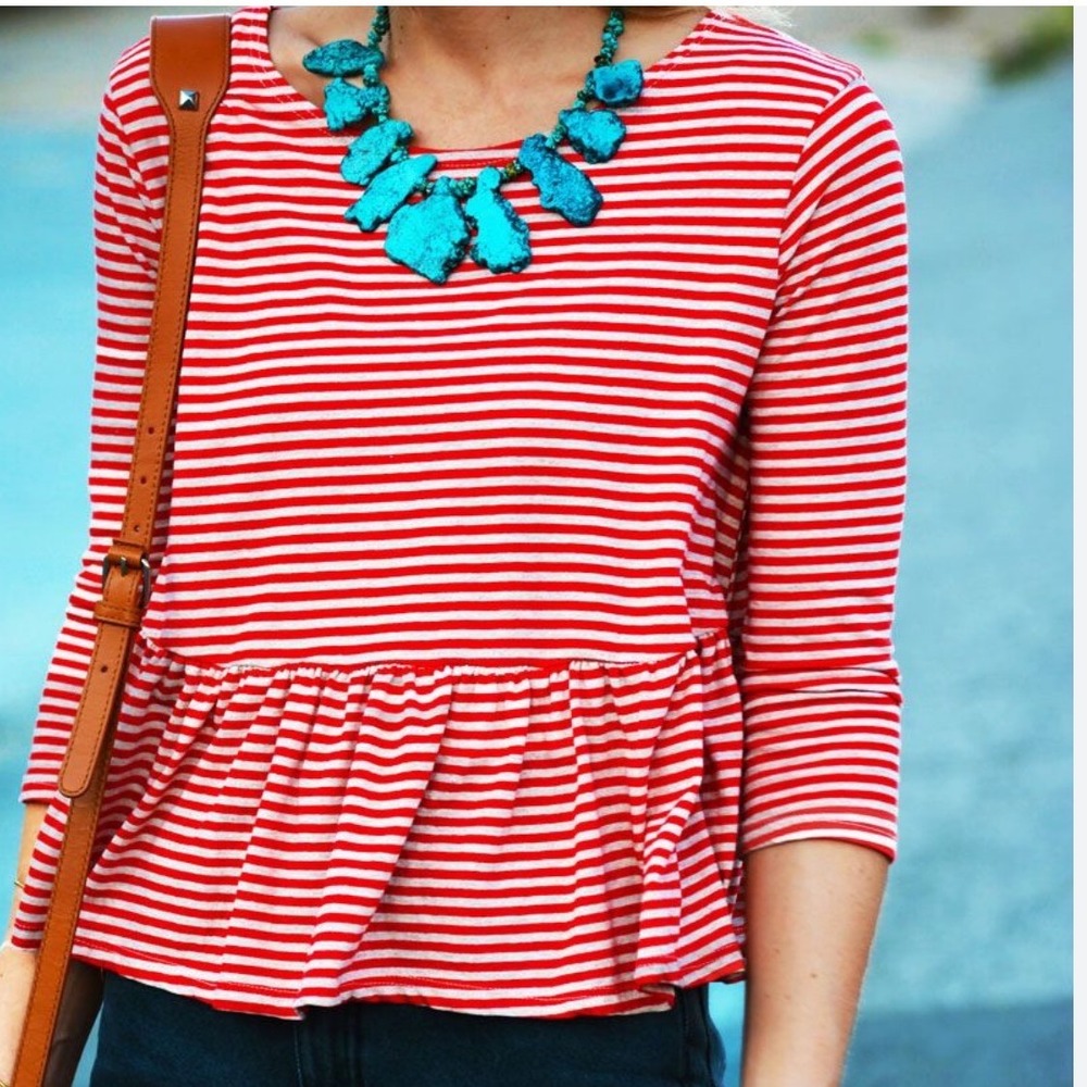 We The Free Free People Red Tan‎ Striped Peplum Top 3/4 Sleeve Size M Womens